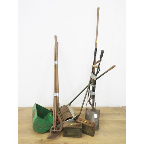 481 - An antique Ransomes Lawn Mower, two ammunition Boxes and a quantity of Garden Tools in two bundles.