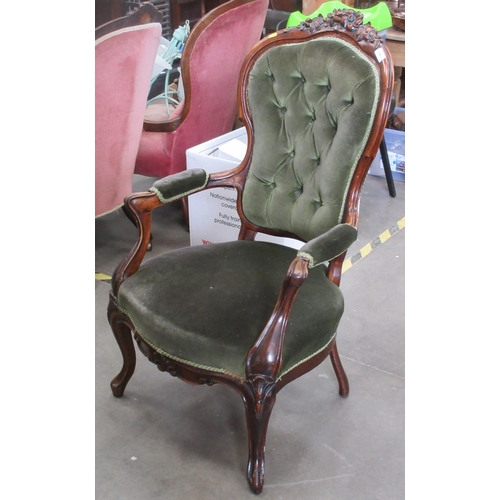 433 - A Victorian carved walnut button upholstered ladies occasional Chair