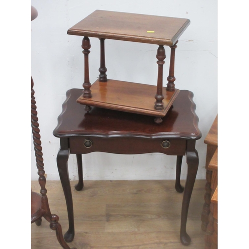 521 - A walnut two-tier Stand 1ft 3in W, a mahogany Torchiere on barley twist supports, a nest of three oa... 