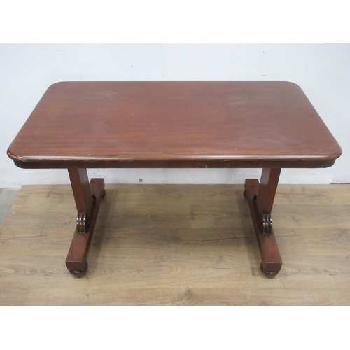 525A - A Victorian mahogany Centre Table on squared end supports and bun feet 3ft 11in W x 2ft 5in H