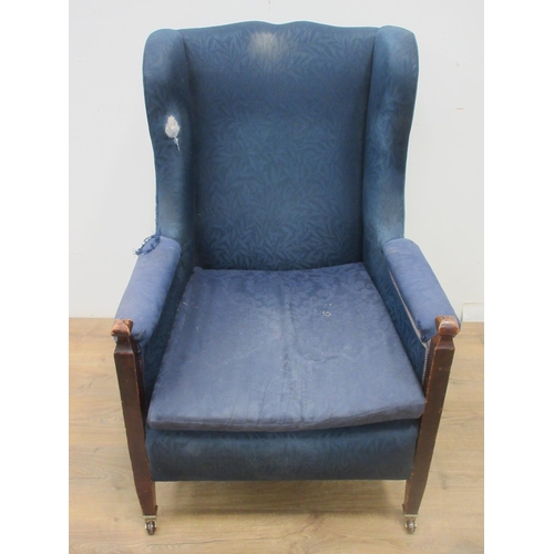 532 - An Edwardian blue upholstered Wingback Armchair 3ft 2in H and another on square cut tapering support... 