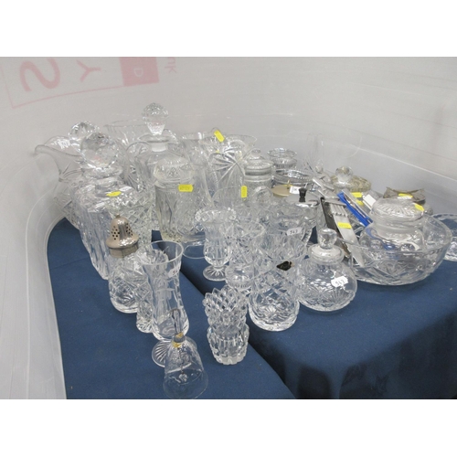 543 - Various cut glass Decanters, Vases and Jugs, Paper Knife, Spoons, Jars, etc