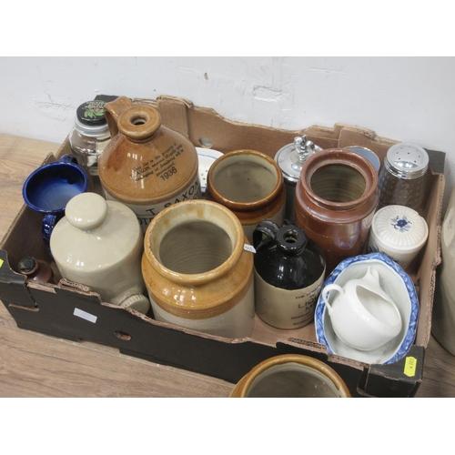 557 - A quantity of stoneware Jars, a Slipper pan, brass Stair Rods, sundry China and commemorative Glassw... 