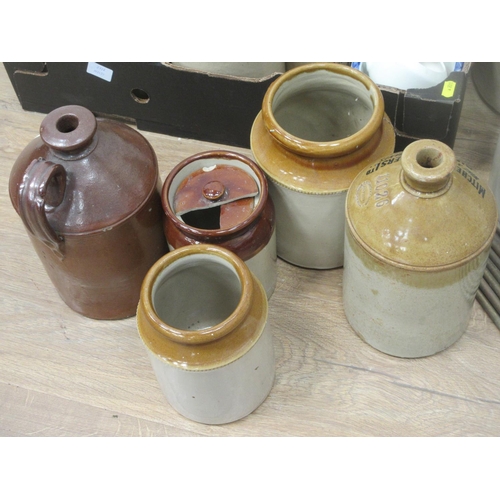 557 - A quantity of stoneware Jars, a Slipper pan, brass Stair Rods, sundry China and commemorative Glassw... 