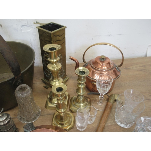 562 - A box of brassware including Jam Pan, three Candlesticks, Vase, plated Condiment Stand with glass co... 