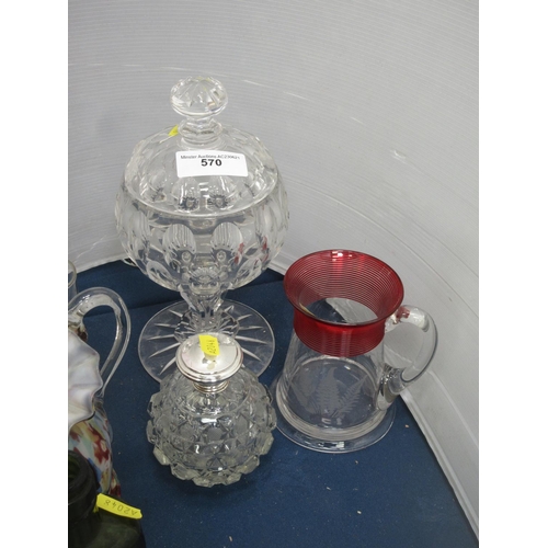 570 - Collection of glassware including lidded pedestal Bowl, Scent Bottles, Vinaigrette, Door Knobs, etc