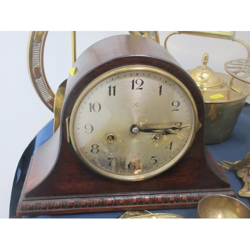 595 - Oak cased Mantel Clock, brass Kettle, Trivet Stand, Horse Brasses, etc