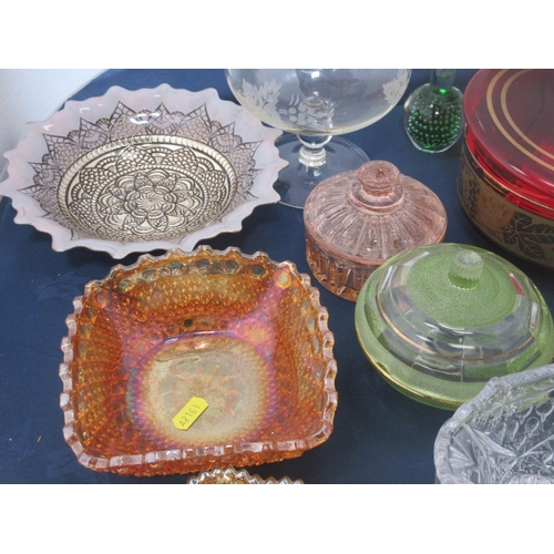 597 - A Ritzenhoff Vase, Carnival Glass Bowls, heavy glass Inkwell and various other glassware