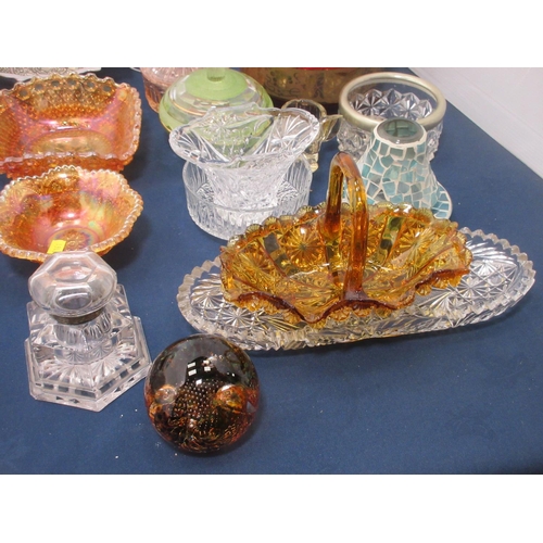 597 - A Ritzenhoff Vase, Carnival Glass Bowls, heavy glass Inkwell and various other glassware