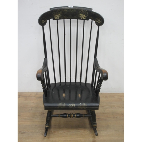 648 - A black painted stick back Boston Rocking Chair