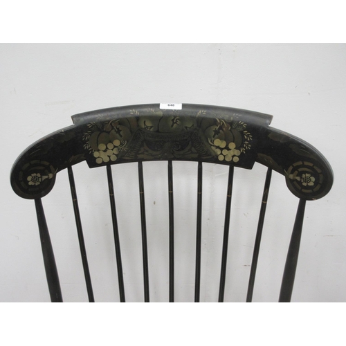 648 - A black painted stick back Boston Rocking Chair