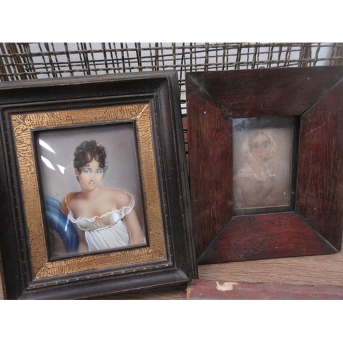 9 - A brass and oak Letter Rack, two framed miniature Portraits, antique dome topped Casket, two Pocket ... 