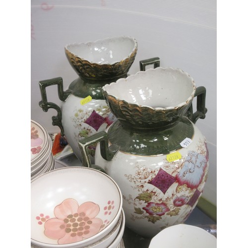 553 - A quantity of Denby pink floral Tea and Dinnerware, pair of Vases, Figures, etc