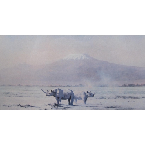 661 - AFTER  DAVID SHEPHERD, Two Rhinoceros in an African  landscape, colour reproduction, 5 1/2 x 10 1/2 ... 