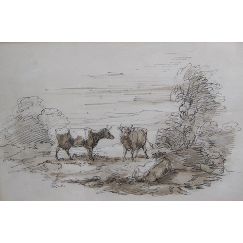 662 - Circle of THOMAS BARKER OF BATH, Cattle at Pasture, pen, ink and sepia wash, 6 1/4 x 9 1/4in; a 19th... 