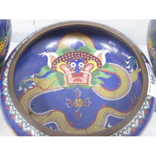 580 - A pair of blue cloisonné Vases with dragon decoration and a Bowl