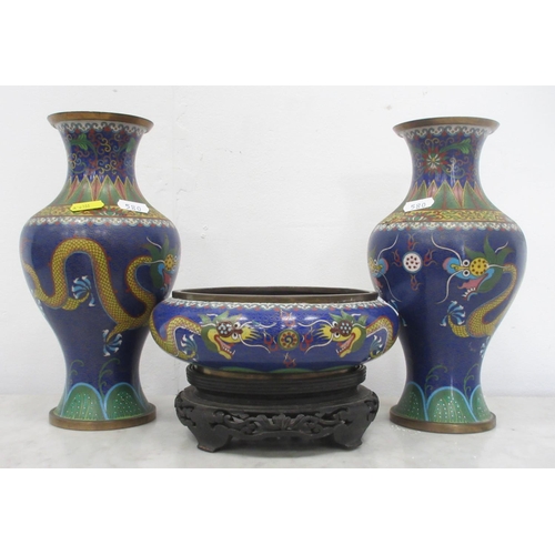 580 - A pair of blue cloisonné Vases with dragon decoration and a Bowl