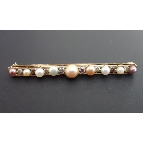 186 - A Cultured Pearl and Diamond Bar Brooch set nine graduated pearls interspersed with brilliant-cut di... 