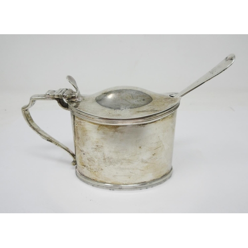 19 - A George III silver oval Mustard Pot with hinged lid engraved crest, London 1796, hinge A/F and a la... 