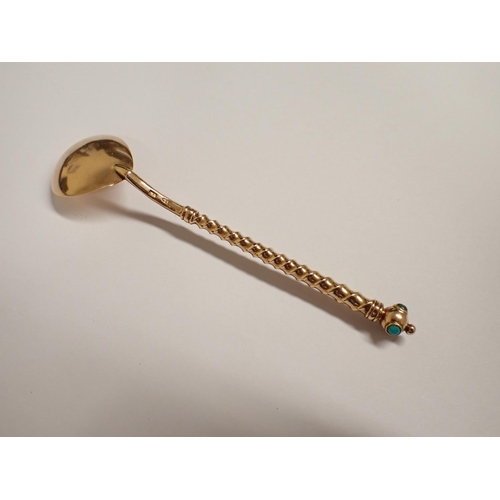 211 - A gold Spoon with pear shape bowl, spiral stem with knop finial set turquoise, ruby and emerald type... 