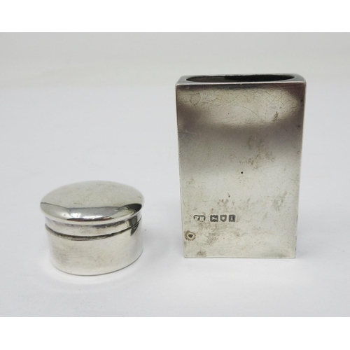 22 - A Victorian silver small circular Pill Box, Birmingham 1898, and a Matchbox Holder, Birmingham 1908