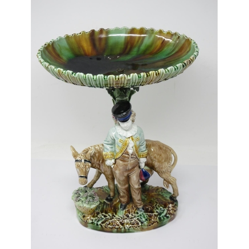 255 - An English majolica Comport with oval dish top, fluted edge on tree trunk support with standing figu... 