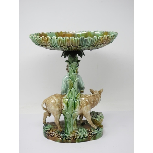 255 - An English majolica Comport with oval dish top, fluted edge on tree trunk support with standing figu... 