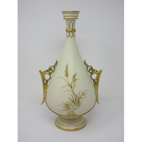 266 - A rare Royal  Worcester two handled Vase, richly gilded scene of Spoonbill in bull rushes and iris, ... 