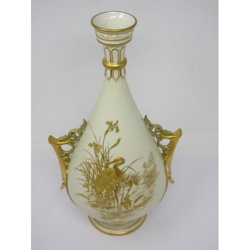 266 - A rare Royal  Worcester two handled Vase, richly gilded scene of Spoonbill in bull rushes and iris, ... 