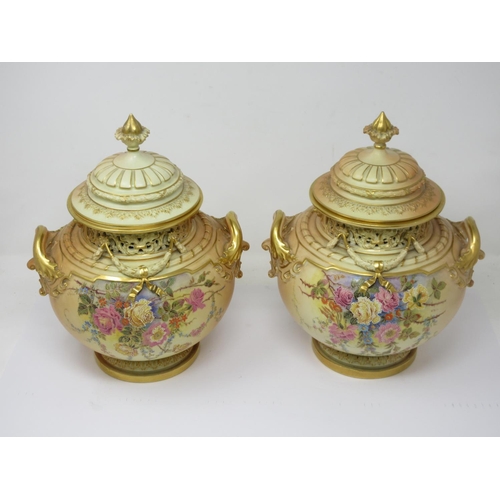 271 - An important pair of Royal Worcester Pot Pourri Vases and Covers, the covers with moulded gilt highl... 