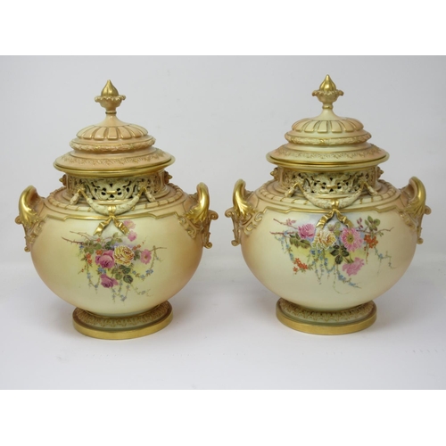 271 - An important pair of Royal Worcester Pot Pourri Vases and Covers, the covers with moulded gilt highl... 