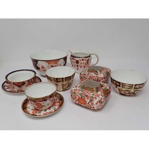 281 - A pair of Derby Imari pattern squat square shaped Vases, a Ramekin Dish on saucer stand, four variou... 