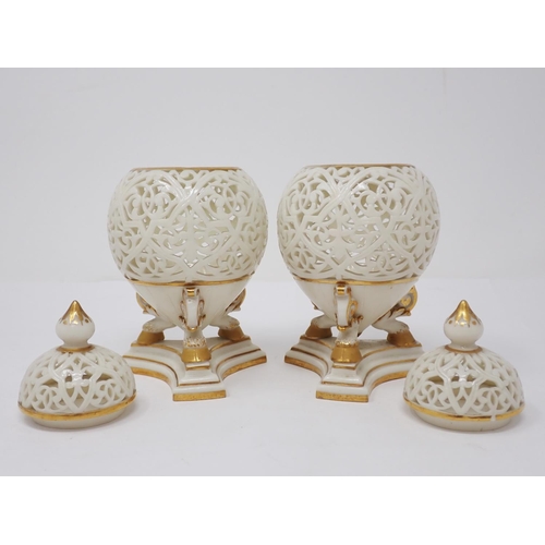 288 - A pair of Grainger & Co. Worcester reticulated Vases and Covers, C.1870's, the tapering bulbous bodi... 