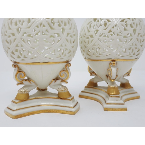 288 - A pair of Grainger & Co. Worcester reticulated Vases and Covers, C.1870's, the tapering bulbous bodi... 