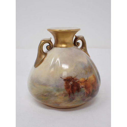 289 - A Royal Worcester squat lobed two-handled Vase painted Highland Cattle in a landscape, signed Stinto... 