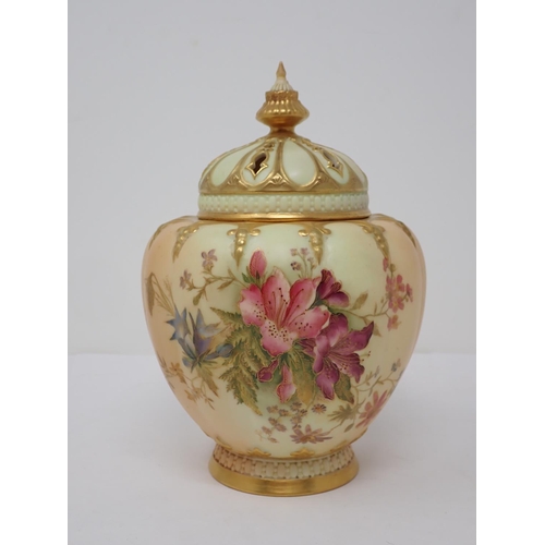 292 - A Royal Worcester peach blossom lobed Pot Pourri Vase, painted floral design, gilt detail, inner lid... 