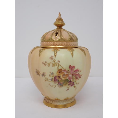 292 - A Royal Worcester peach blossom lobed Pot Pourri Vase, painted floral design, gilt detail, inner lid... 