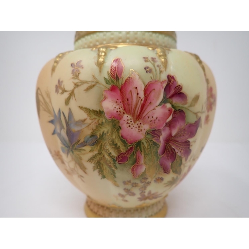 292 - A Royal Worcester peach blossom lobed Pot Pourri Vase, painted floral design, gilt detail, inner lid... 