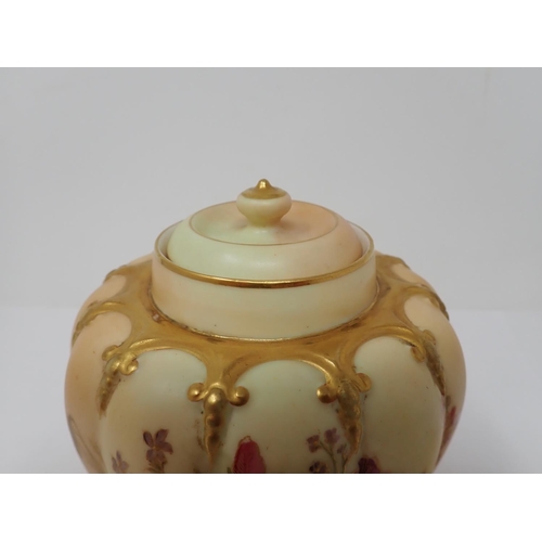 292 - A Royal Worcester peach blossom lobed Pot Pourri Vase, painted floral design, gilt detail, inner lid... 