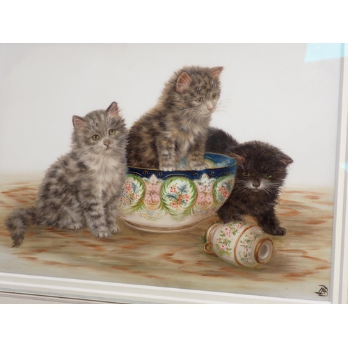 298 - An opaline glass painted Picture of three kittens, one  sat in a porcelain bowl and two others on fl... 