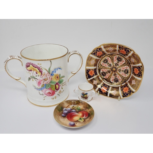 302 - A Coalport two-handled Mug with floral design, two shaped handles with gilt highlights, a Royal Worc... 