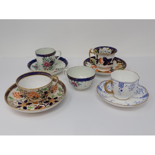 303 - A First Period Worcester Cup, Coffee Cup and Saucer, floral painted decoration, blue border with gil... 