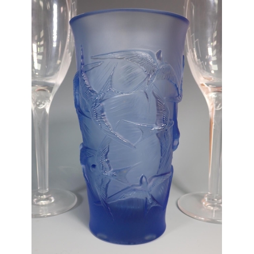 308 - A modern Lalique tapering blue glass Vase, moulded swallows, engraved signature under, 6 1/2in H, an... 