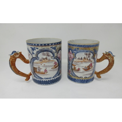 317 - Two late 18th Century Chinese graduated Mugs, each with three reserves of figures in sailing boats, ... 