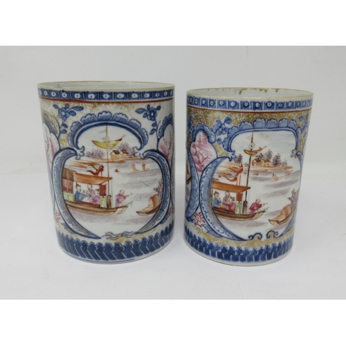 317 - Two late 18th Century Chinese graduated Mugs, each with three reserves of figures in sailing boats, ... 