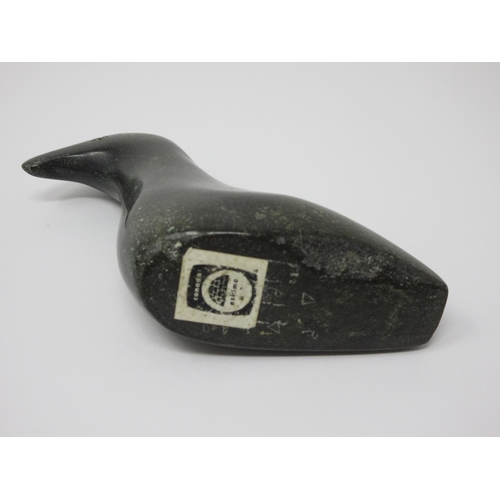 321 - Two Inuit carved stone Sculptures of birds, one with Eskimo Art label to base, 3 1/2in and 3in H