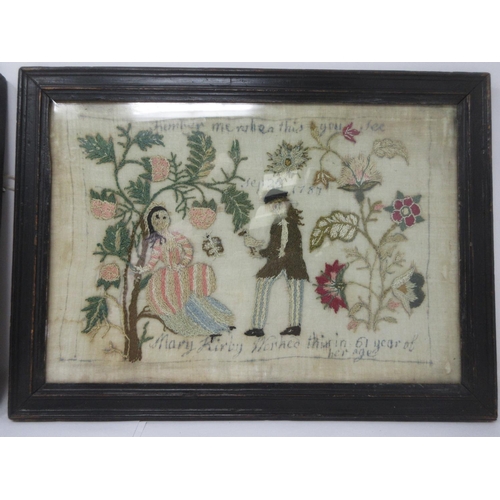 328 - A pair of unusual 18th Century embroidered Pictures with primitive figures, birds, flowering trees, ... 