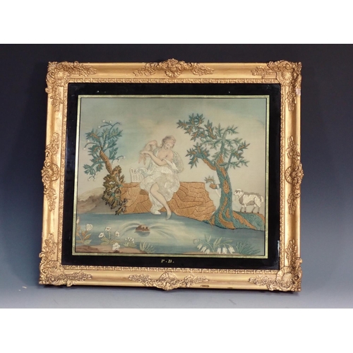 329 - A framed Georgian Needlework Panel depicting young girl beside a pond and tree with sheep, with verr... 