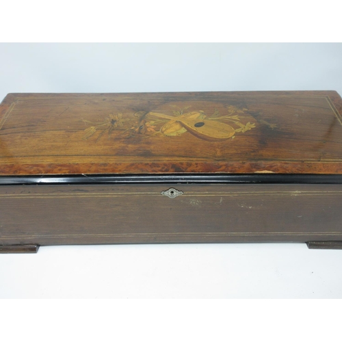 337 - A 19th Century Swiss rosewood and walnut crossbanded cased Music Box with marquetry inlaid top 1ft 1... 