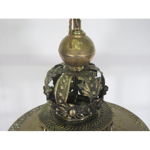 351 - A 19th Century brass Hanging Lantern, the ball and crown finial above the glazed circular light with... 